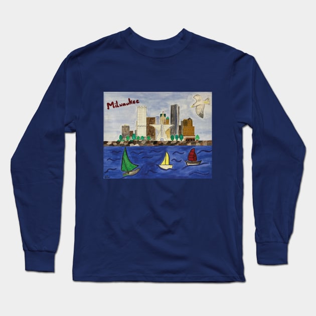 Milwaukee Skyline with Sailing Boats Long Sleeve T-Shirt by Anke Wonder 